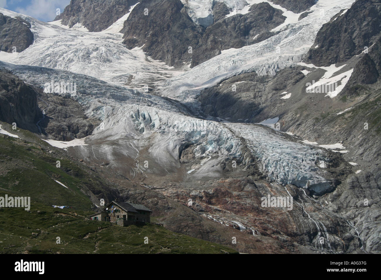 Rifugio Elisabetta Soldini hut below the Lex Blanche glacier near Mont Blanc, Italian Alps Stock Photo