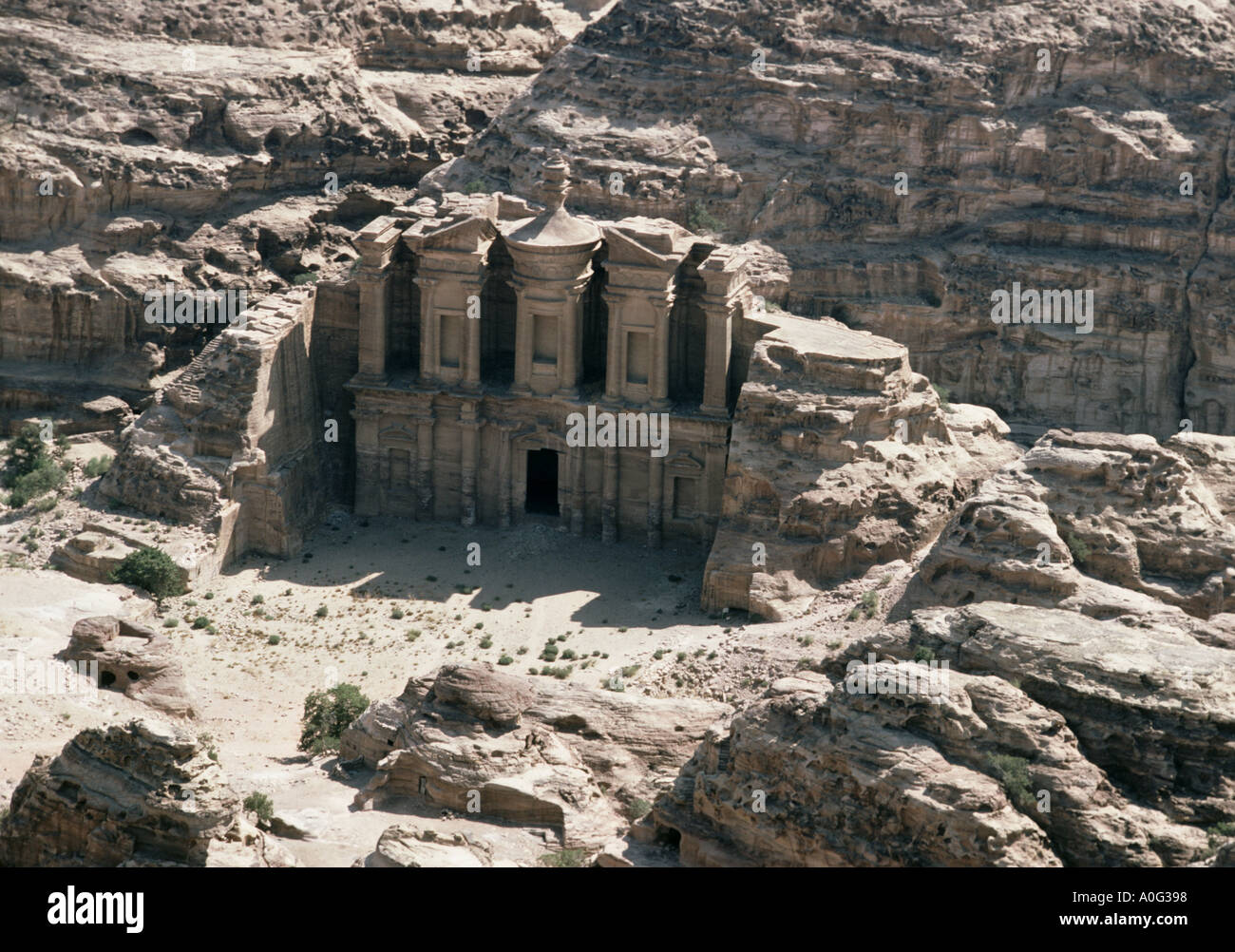 Aerial view of the monument known as the Al Dier or Monastery in the ancient rose red city of Petra in Jordan Stock Photo