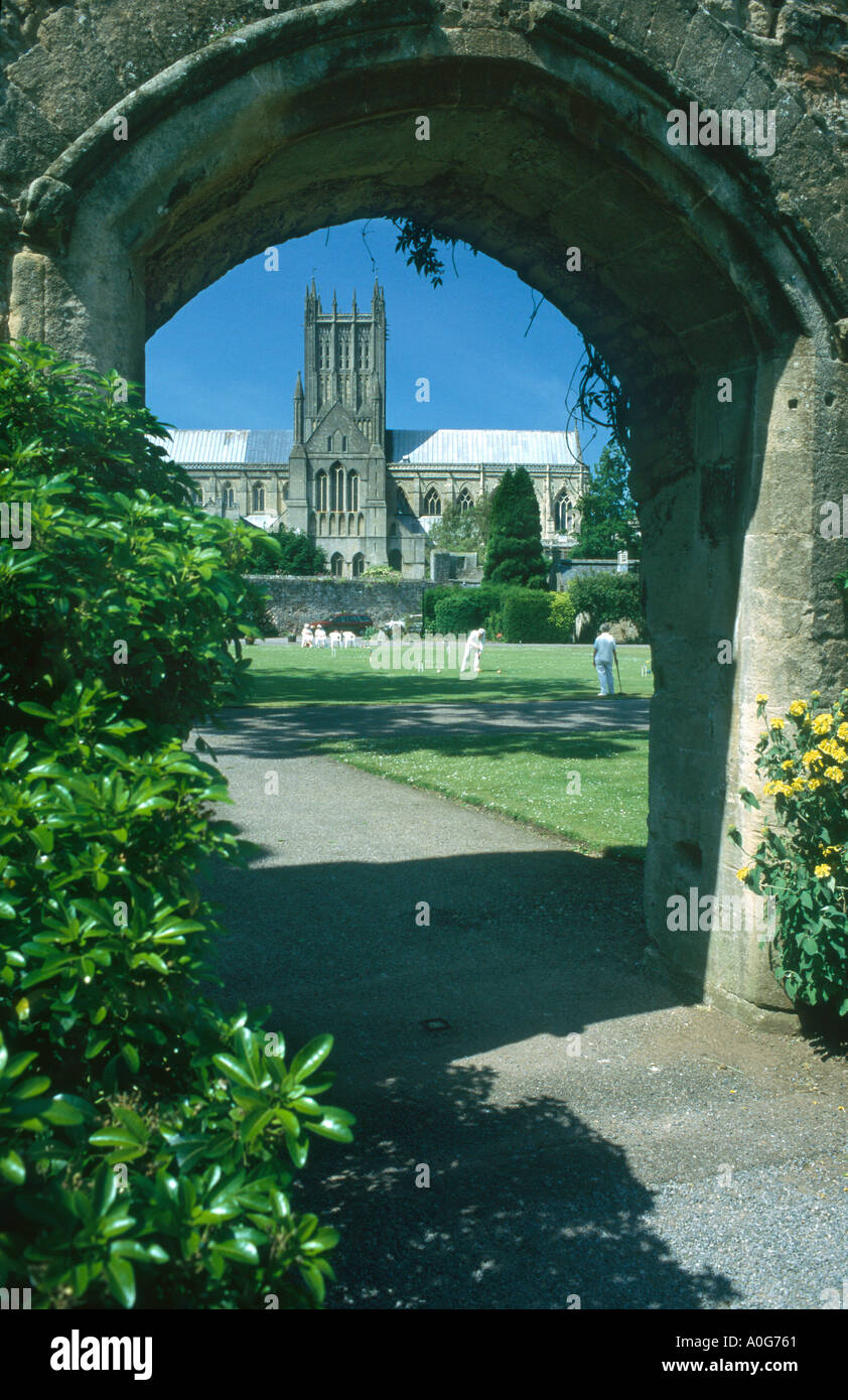 Wells Cathedral from the grounds of the Bishops Palace with croquet game Stock Photo