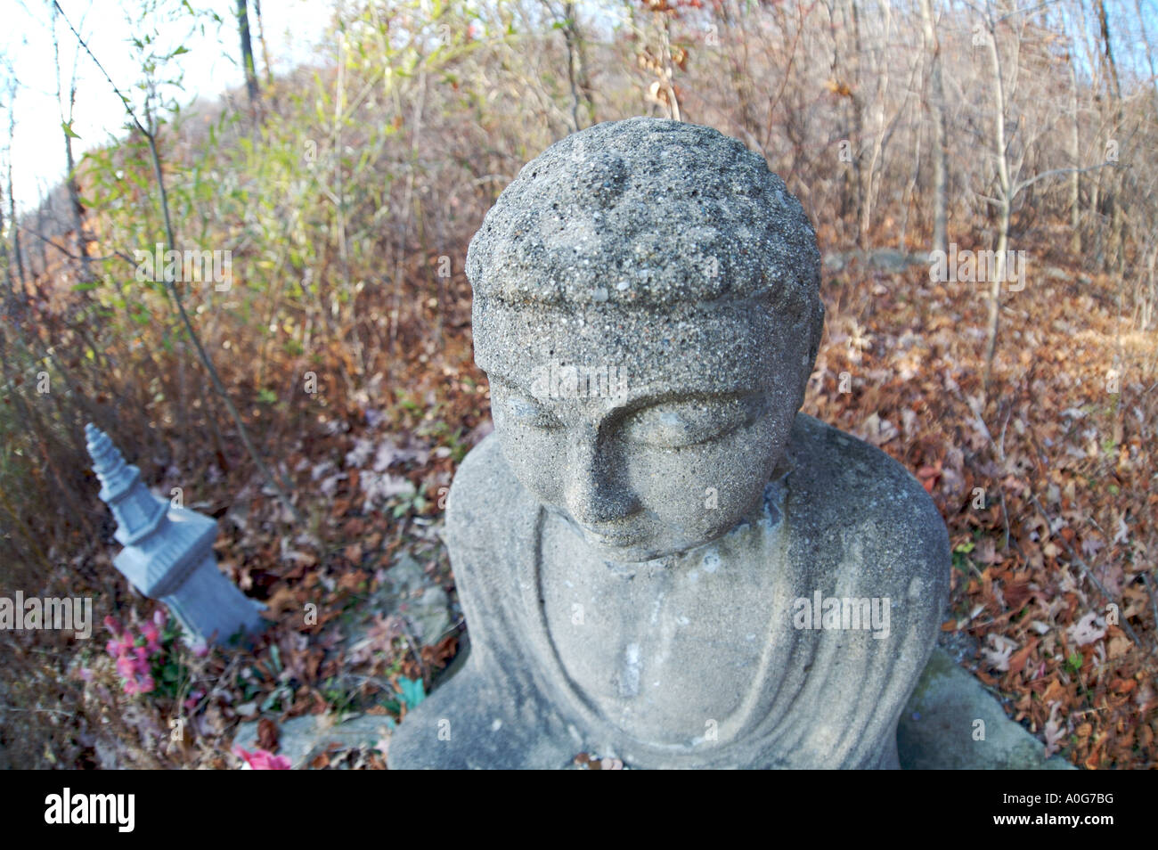 Buddha's head in meditation garden, Chuang-yen Monastery, New York, USA Stock Photo