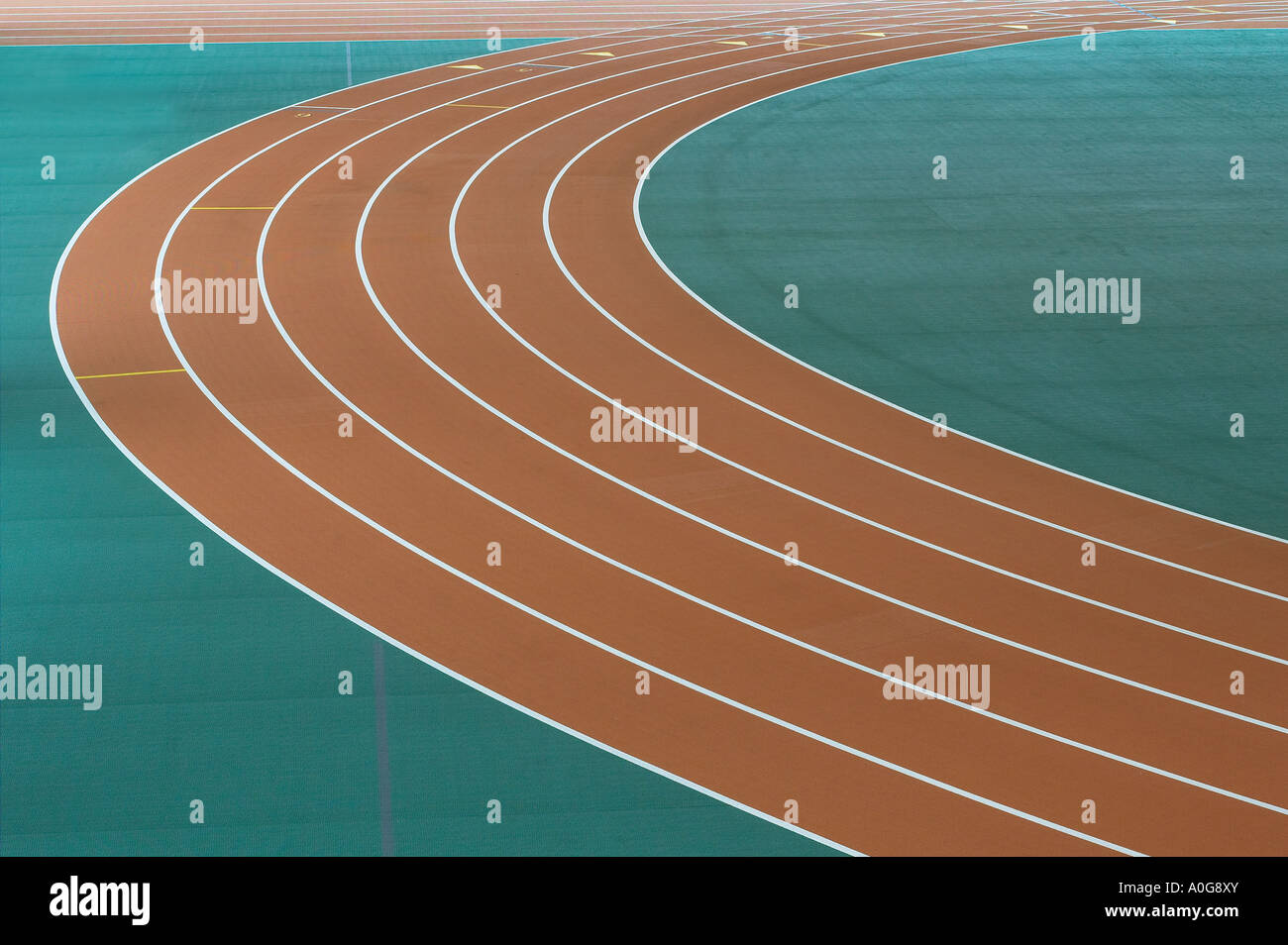 Close Up View Of A Track And Field Event Stadium With The Lanes Forming Graphic Patterns Stock Photo