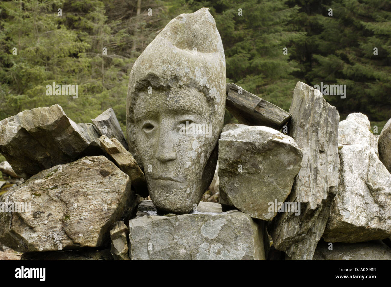 Art artwork stone face sculpture Galloway Scotland UK Stock Photo