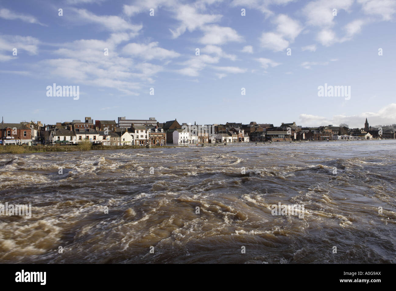 Flood the River Nith in Spate flooding the Whitesands in Dumfries town centre UK Stock Photo