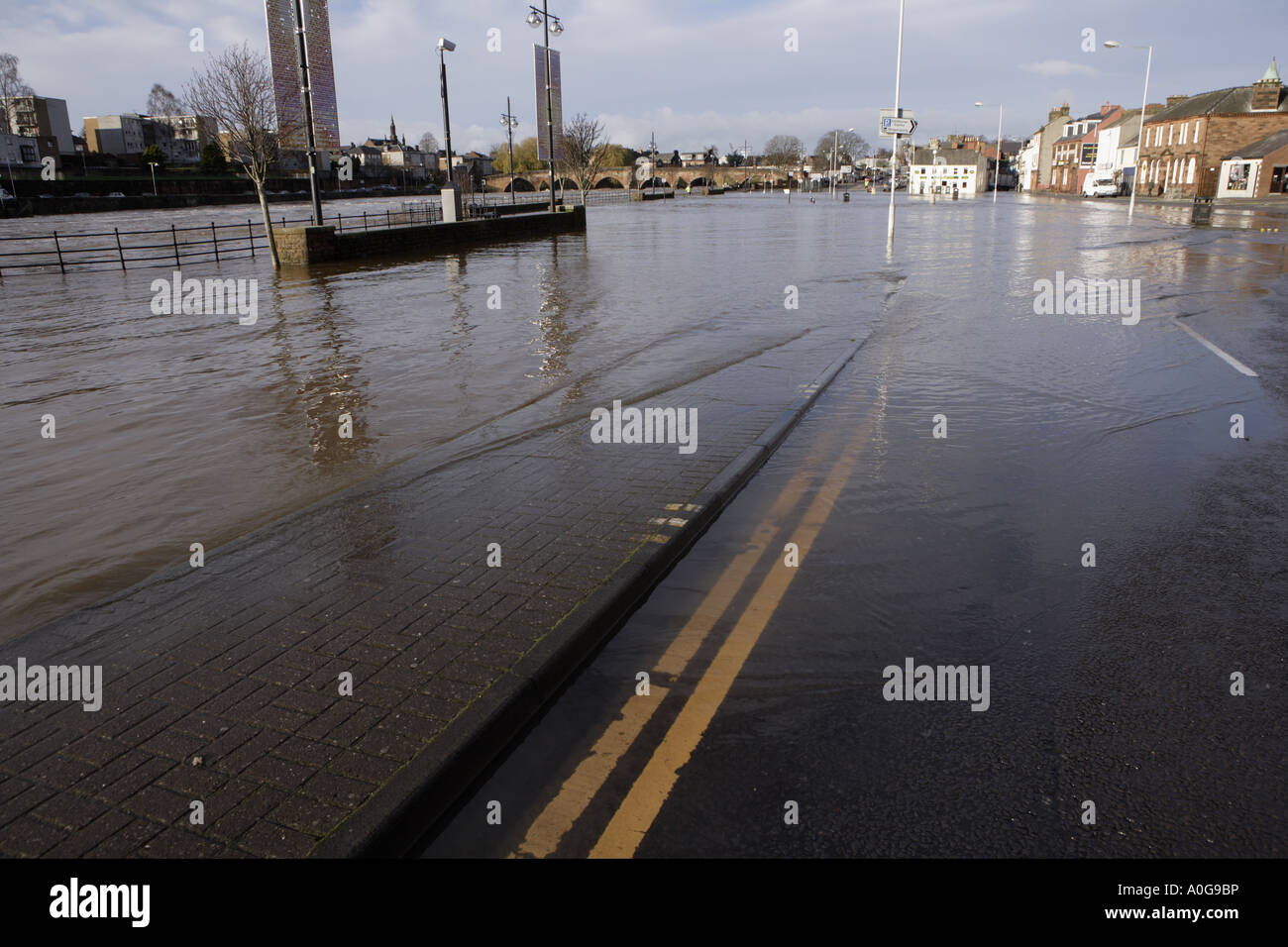 Flood climate change road flooded on Whitesands Dumfries Scotland UK Stock Photo