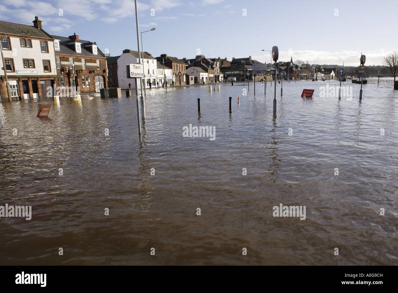 Town centre under water flooding the River Nith bursting its banks at the Whitesands Dumfries Scotland UK Stock Photo