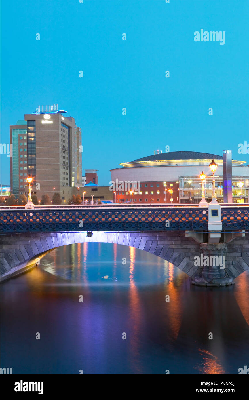 Queens Bridge, the Hilton Hotel and the Belfast Waterfront Hall at dusk. Laganside, Belfast, Northern Ireland Stock Photo