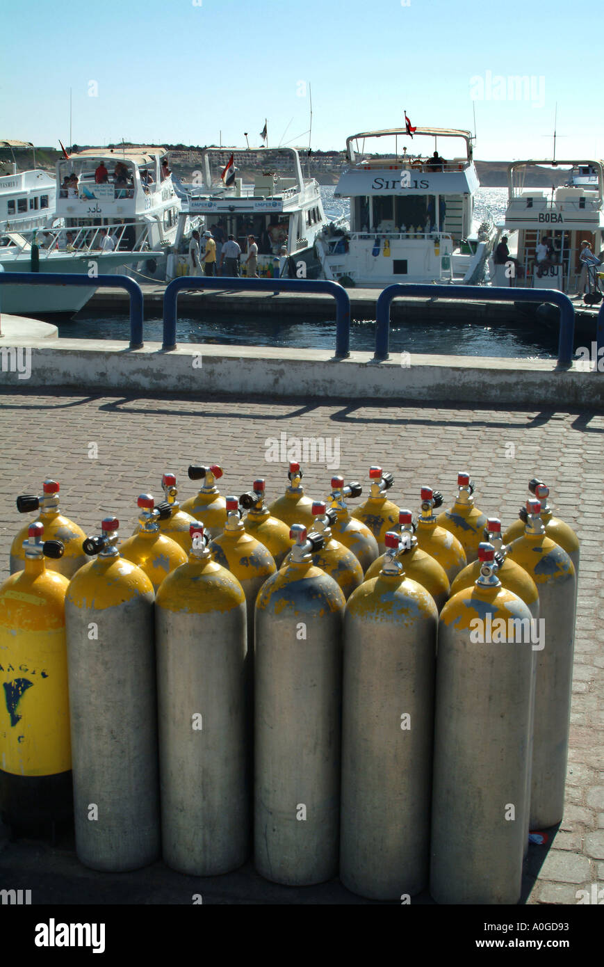 Air bottles waiting to be loaded onto dive boats at Naama Bay Sharm El