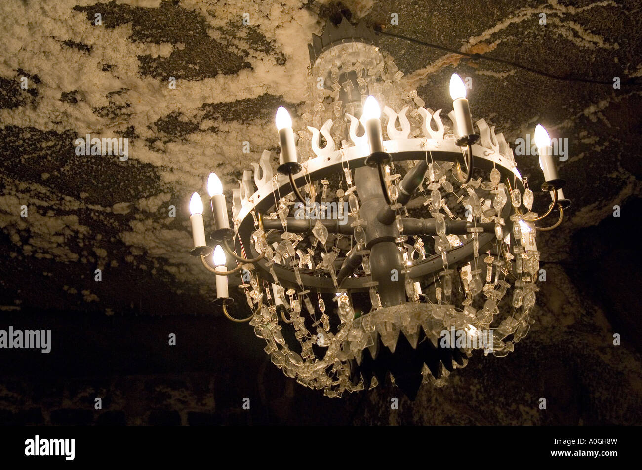 Chandelier and ceiling inside one of the rooms at the Wieliczka salt mine, near Krakow, Poland Stock Photo