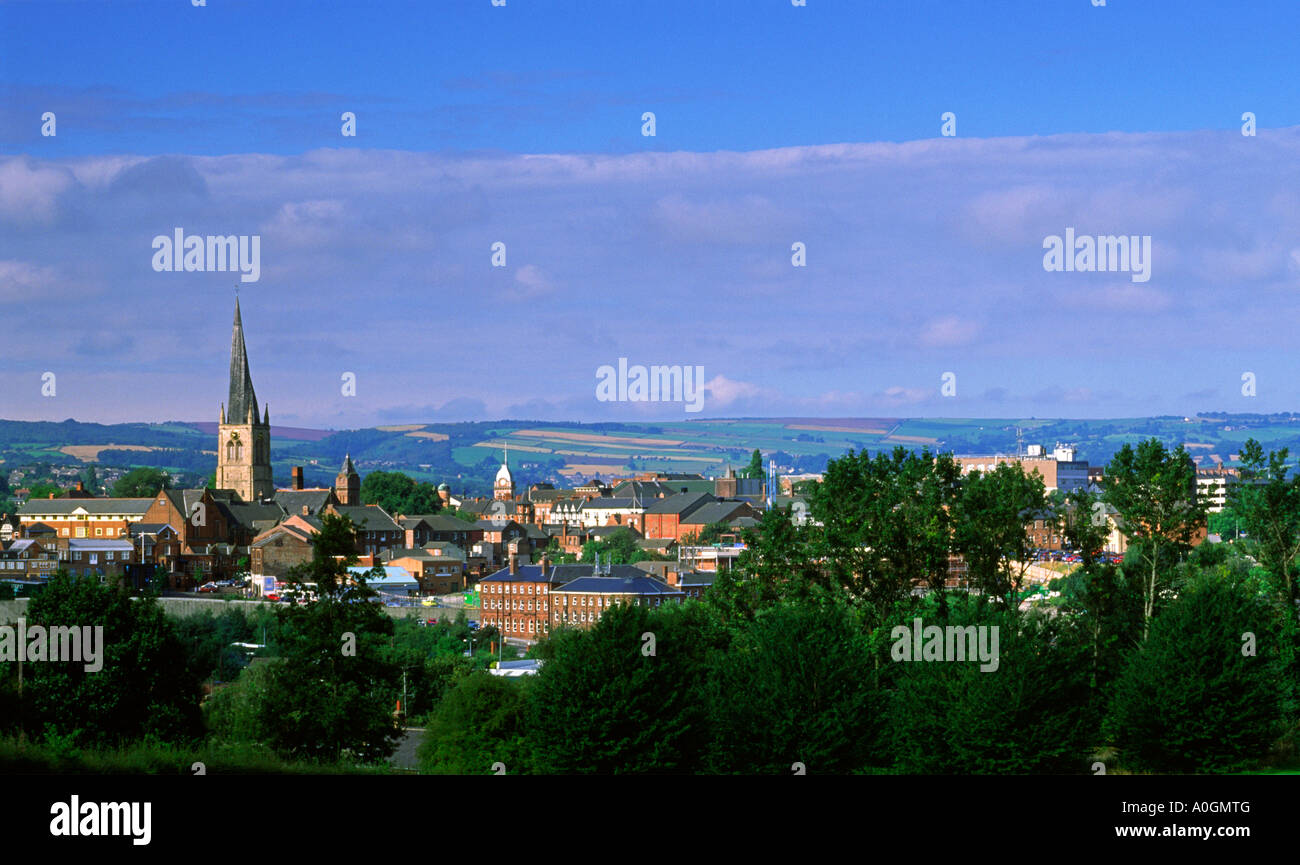 The skyline at Chesterfield in the Peak District Derbyshire England UK with the crooked spire church visible Stock Photo