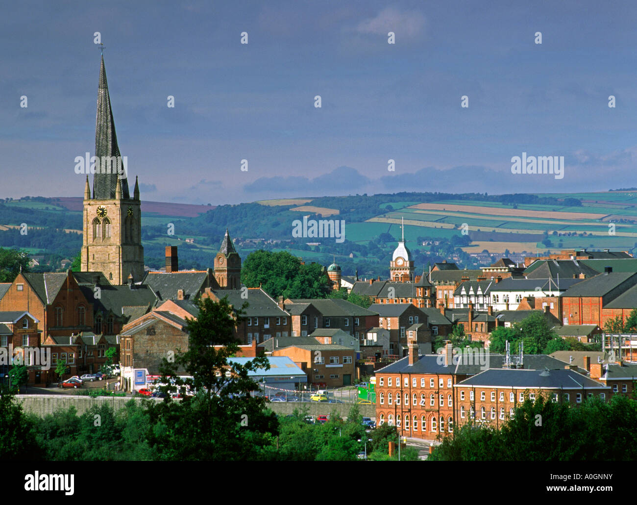 The skyline at Chesterfield in the Peak District Derbyshire England UK with the crooked spire church visible Stock Photo