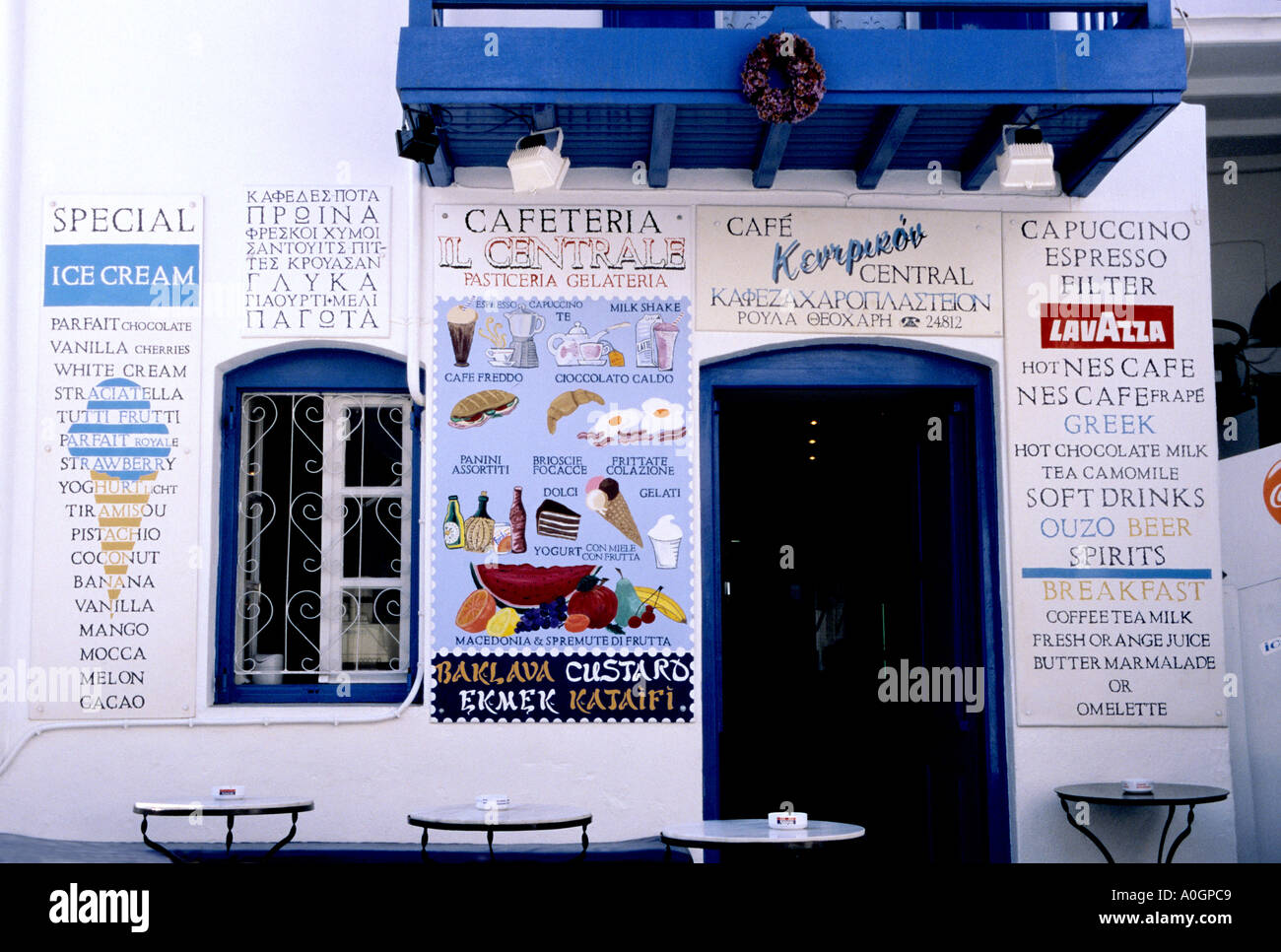 typical blue and white cafe on the island of Mykonos Stock Photo Alamy