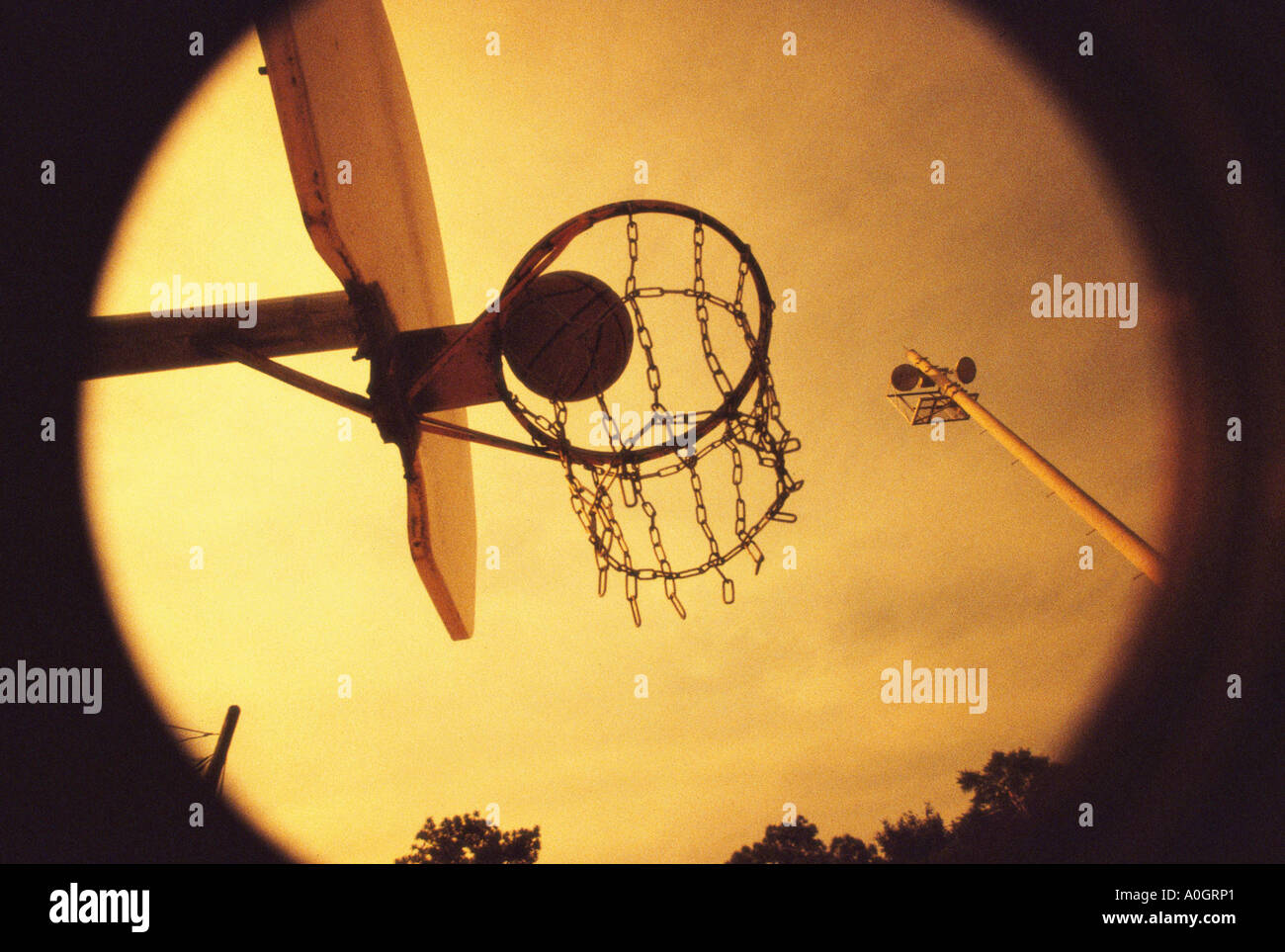 Basketball falling through a hoop Stock Photo Alamy