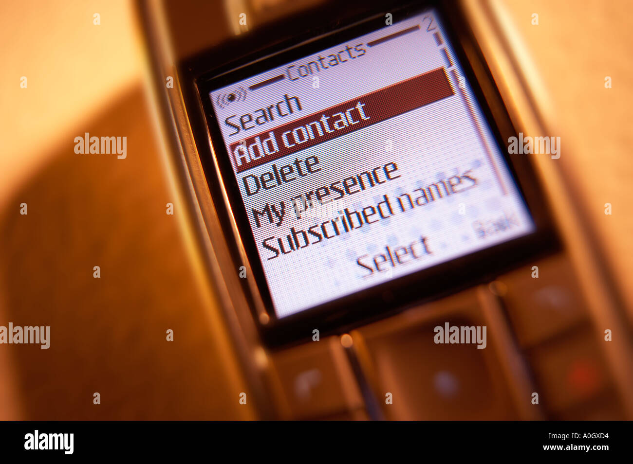 ADD CONTACT MENU TEXT MESSAGE ON MOBILE PHONE SCREEN Stock Photo