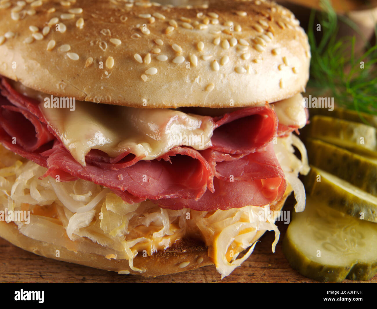 Corned beef Reuben bagel Stock Photo Alamy