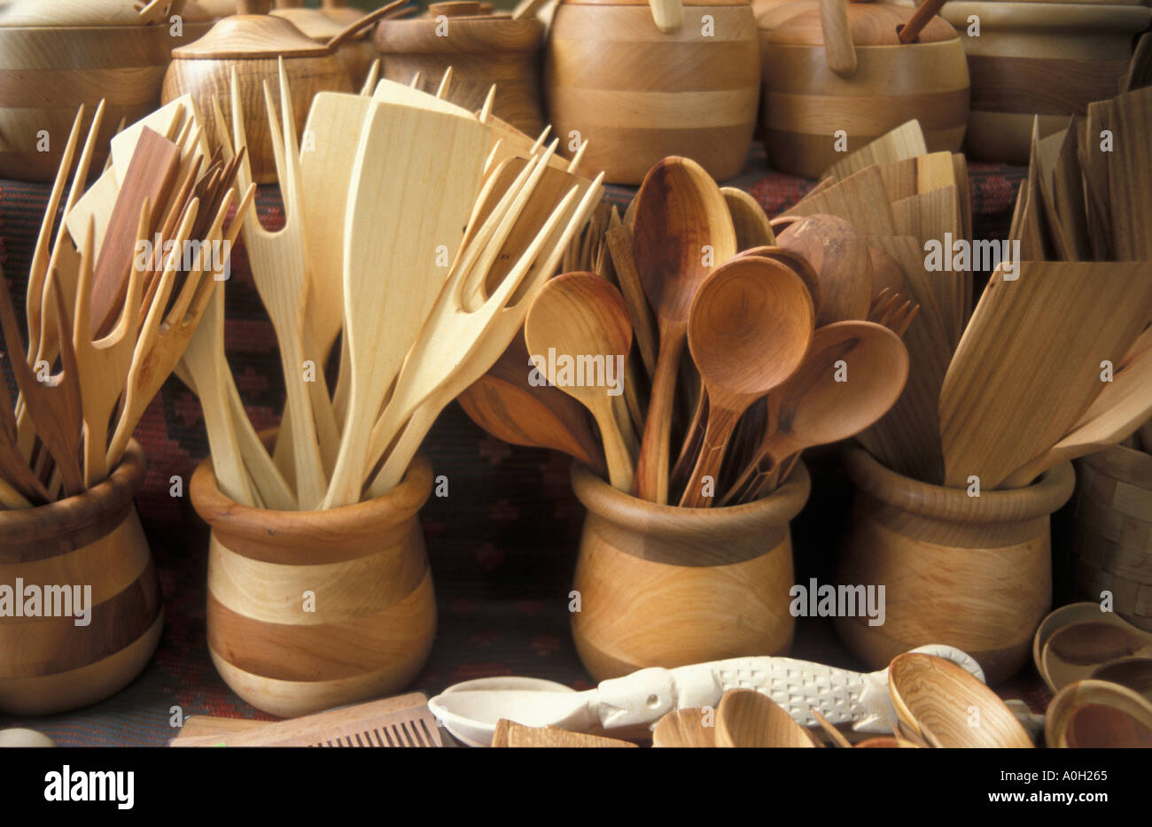 Lithuania Vilnius wooden spoons and spatulas at a crafts market Stock