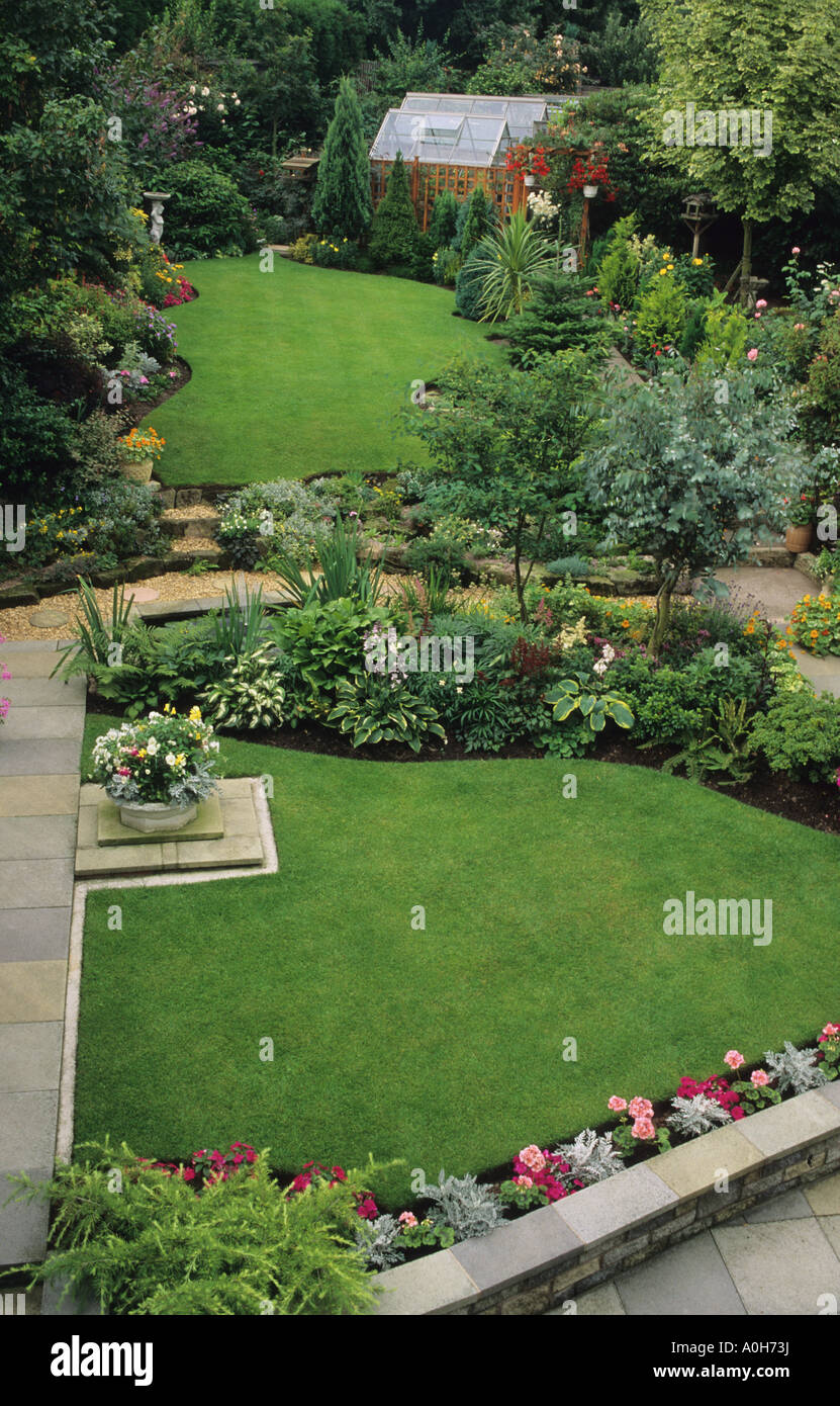 Shenley Avenue Wolverhampton Suburban town garden on a slope with lawns