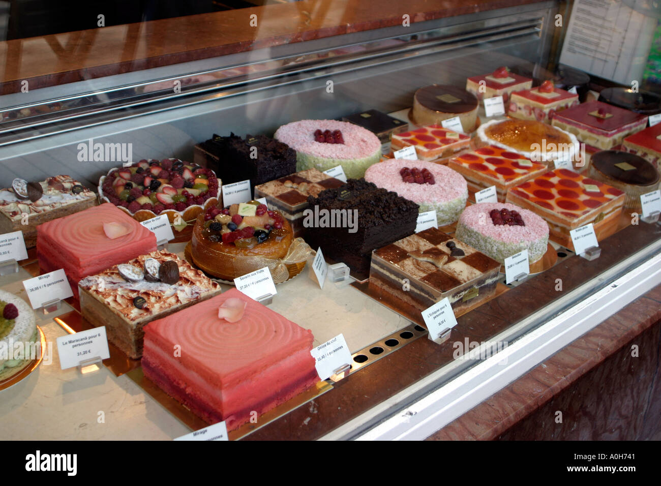 Patisserie through the window of Dalloyau high class tea room at Luxembourg Paris France Stock Photo