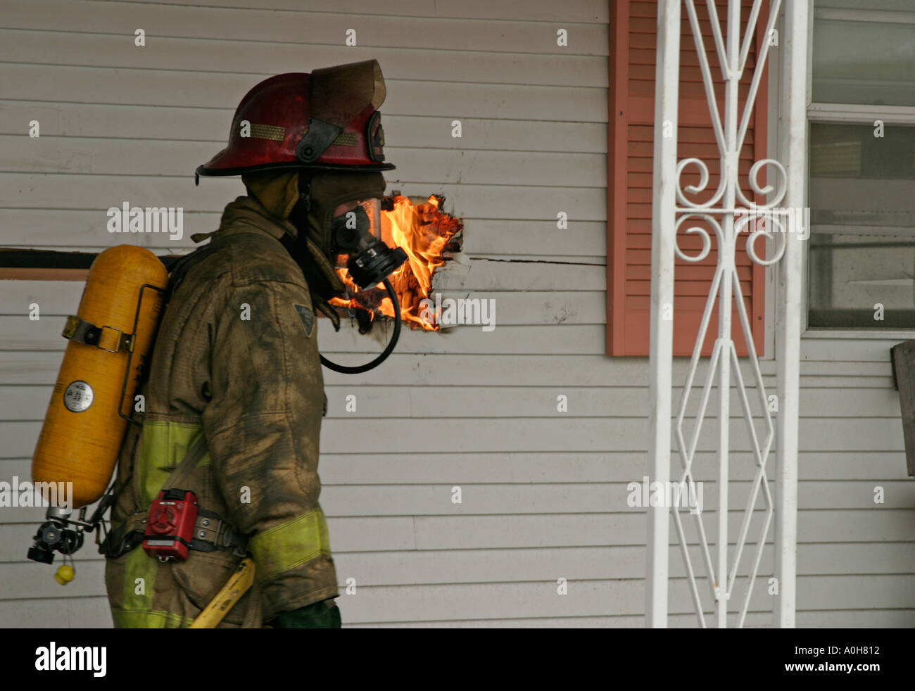 Firefighter on Fire Scene Stock Photo