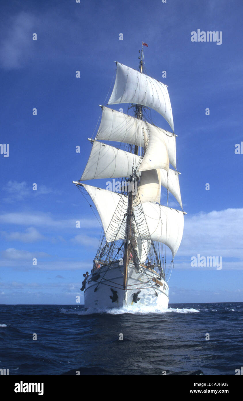 Brigantine square rigged sailing ship in full sail in the South Pacific