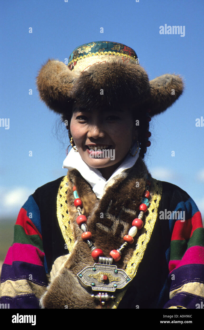 Tibetan nomad woman in a fur hat at the 
