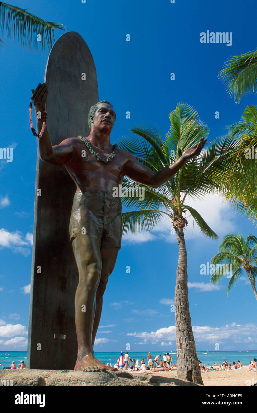 Hawaii,Hawaiian Islands,Oahu Waikiki beach,sand,surf,Duke Paoa Kahanamoku Memorial statue,public art,memorial,public art,likeness,Olympic gold medal s Stock Photo