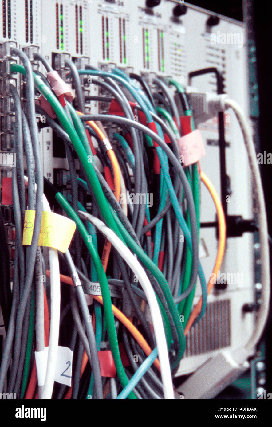 Telephone cables. Outdated, obsolete vintage telephone central