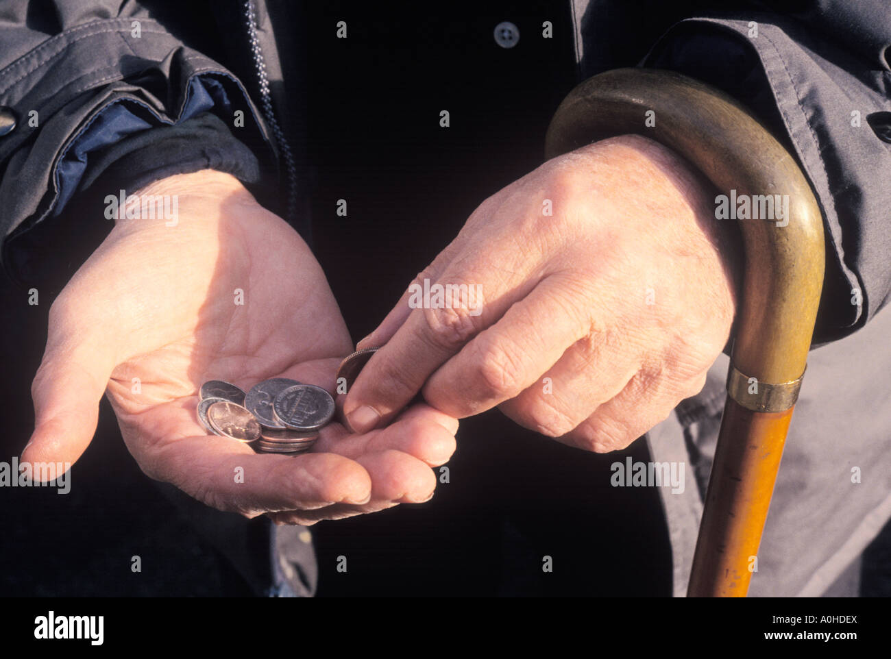 Poverty, inflation. Elderly handicapped man with a cane or walking stick, household shopping and counting money on the street. USA Stock Photo