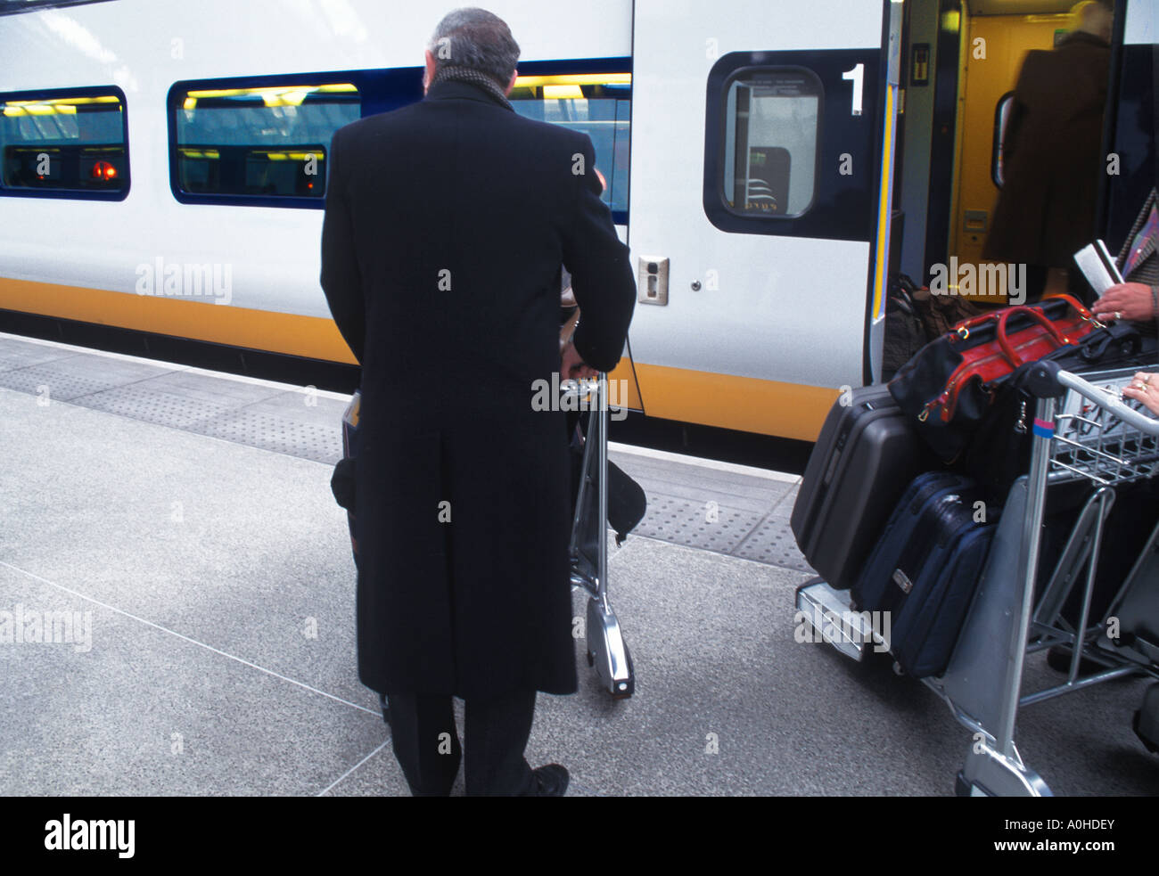 Paris Gare du Nord passenger well dressed with baggage trolley on