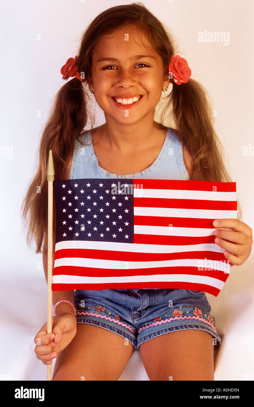 Cute Smiling Young Girl Holding the American Flag Patriotic Patriotism ...