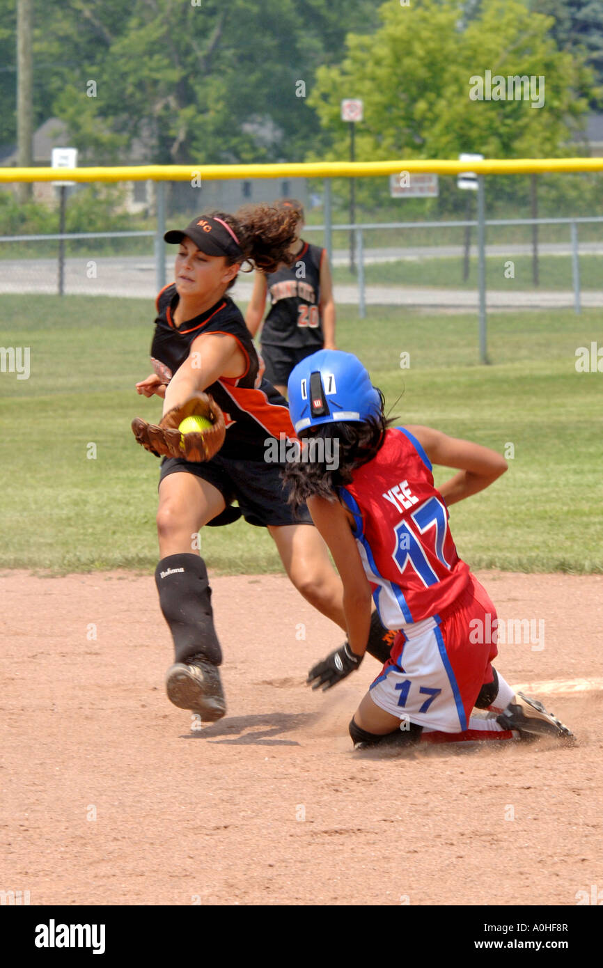 Teenage female Major league Softball action Stock Photo Alamy