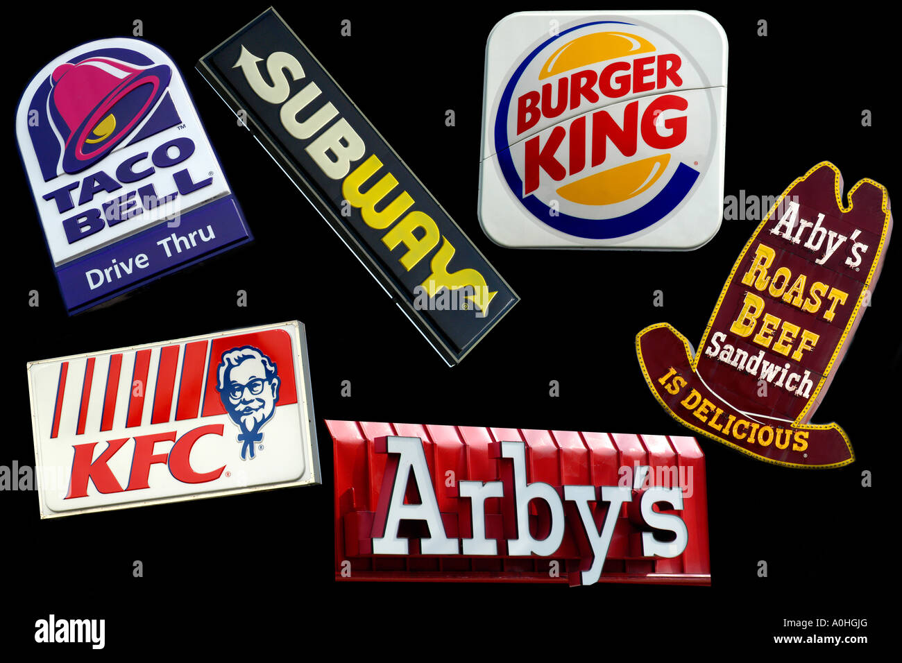 A collage of Fast Food Restaurant signs Stock Photo