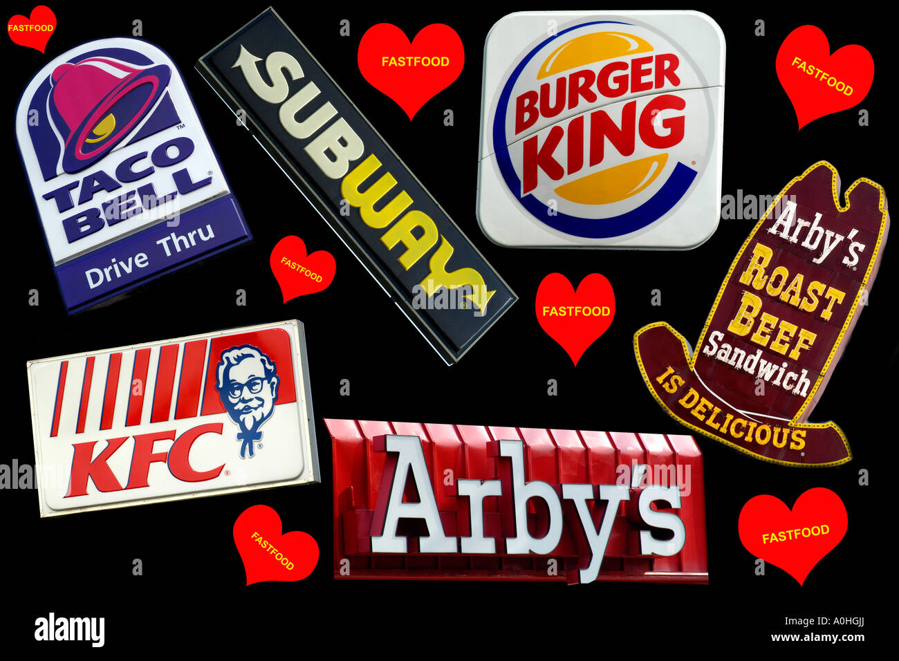 A Collage of Fast Food Restaurant signs Stock Photo