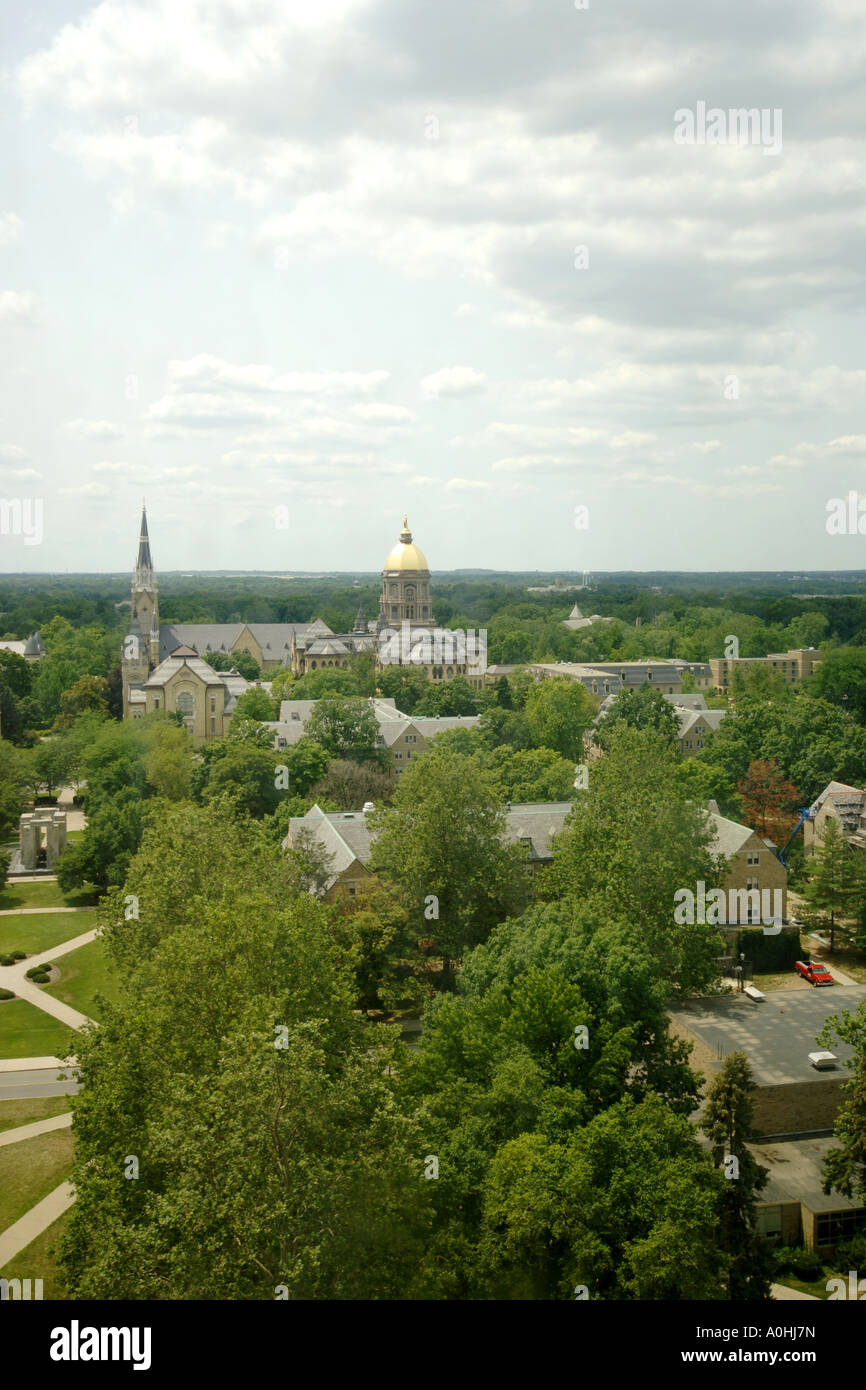 Aerial view of the notre dame university campus and buildings indiana