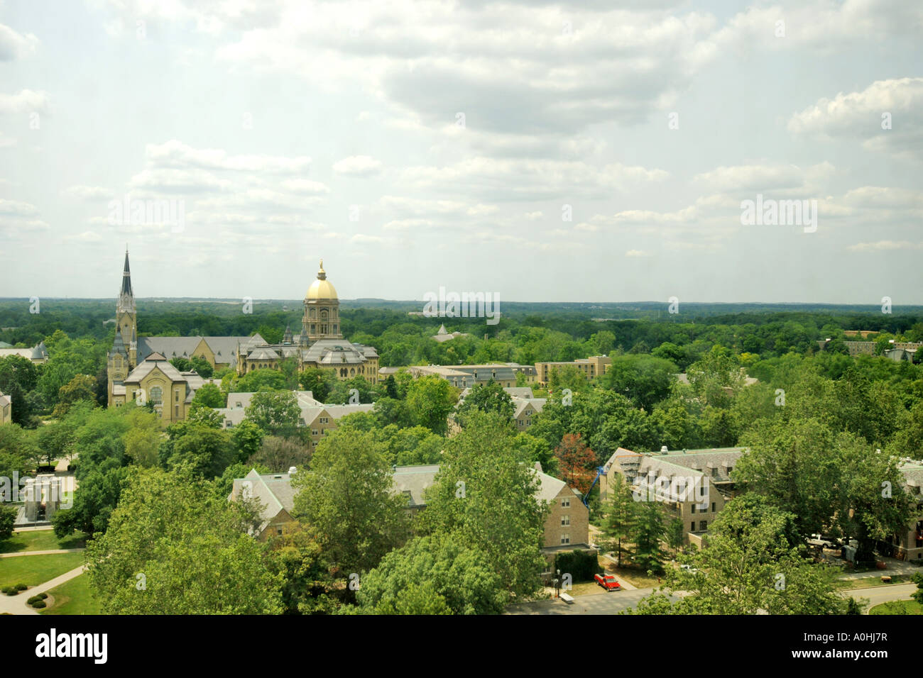 Aerial view of the notre dame university campus and buildings indiana