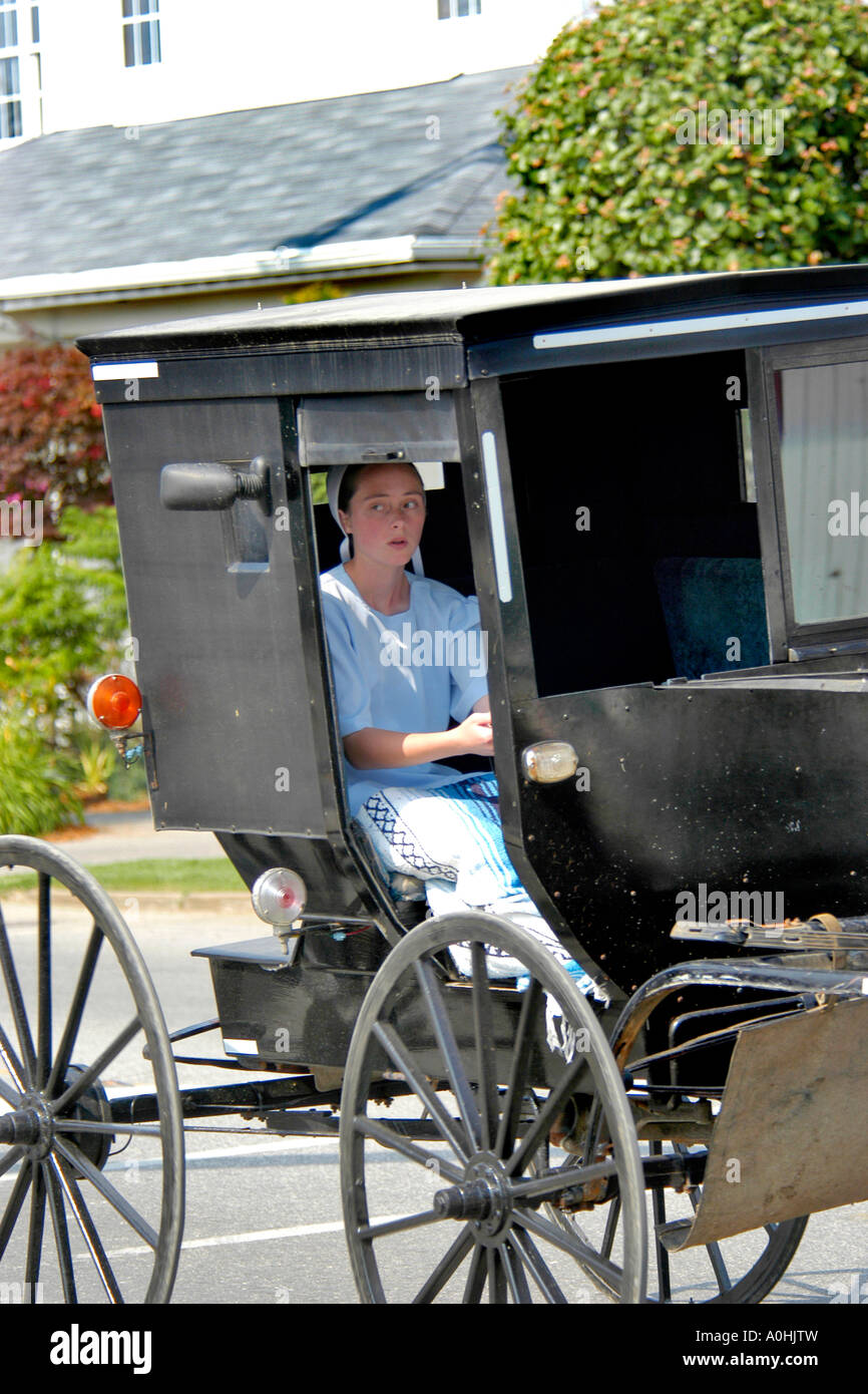 Amish woman in a horse and buggy in Shipshewana Indiana. Stock Photo