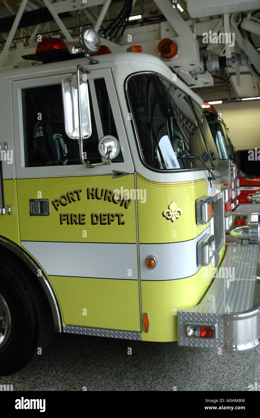 Yellow Fire truck inside the station house in Port Huron, Michigan