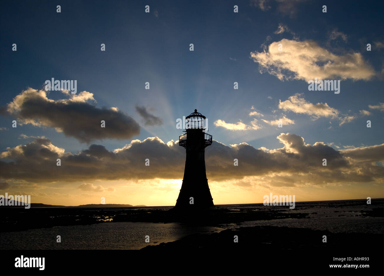 Whitford Point lighthouse at low tide on the Gower Peninsular, South