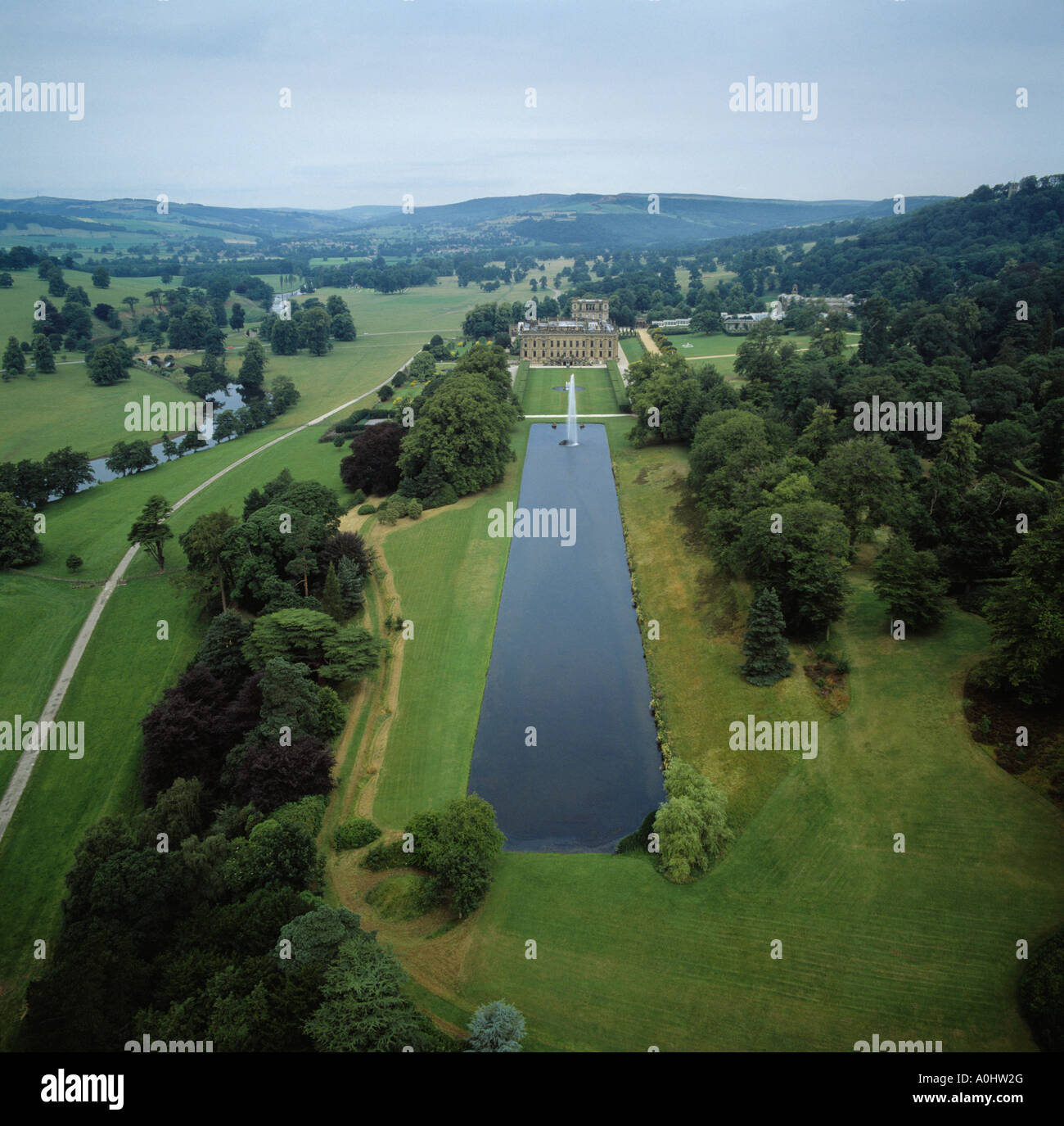 Chatsworth House & Emperor Fountain Bakewell Derbyshire UK aerial view