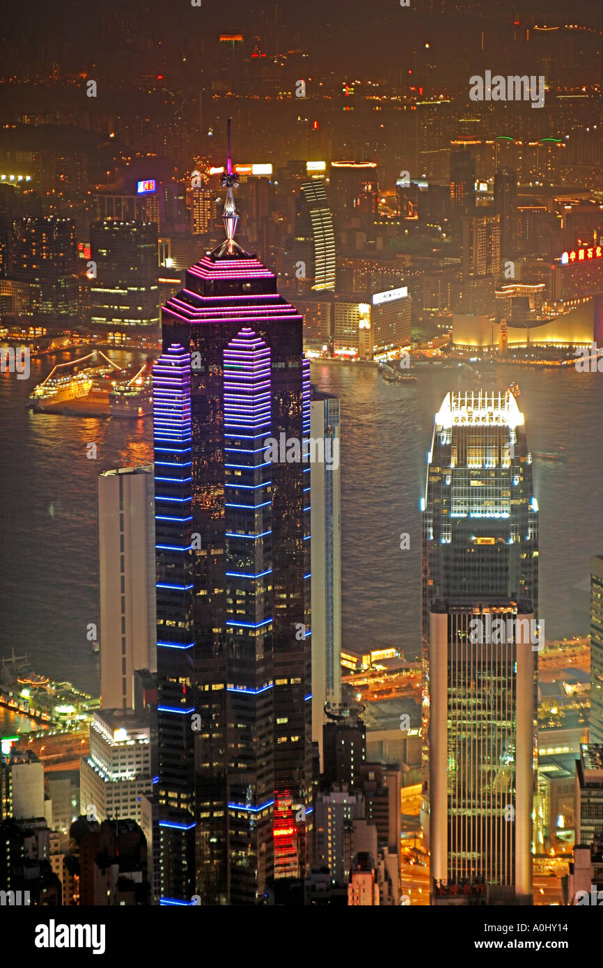 China Hong Kong Island Victoria Peak view point Central district Skyline at twilight Skyscraper International Finance Center one Stock Photo