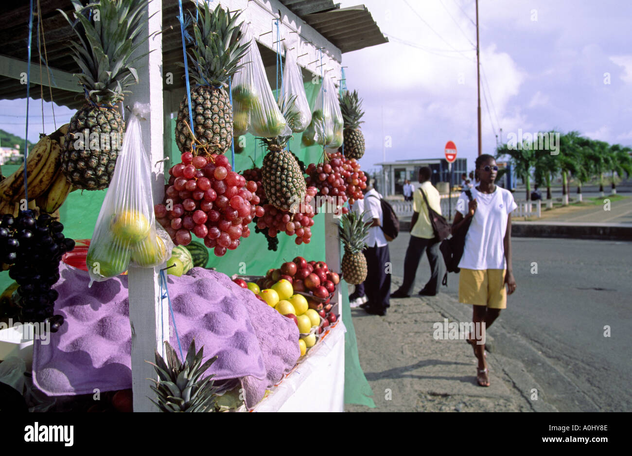 Tobago Scarborough market tropical fruits people Stock Photo