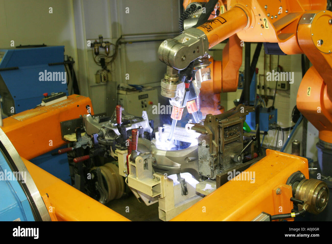 Robot welding, BMW motorcycle factory in Berlin, Germany Stock Photo