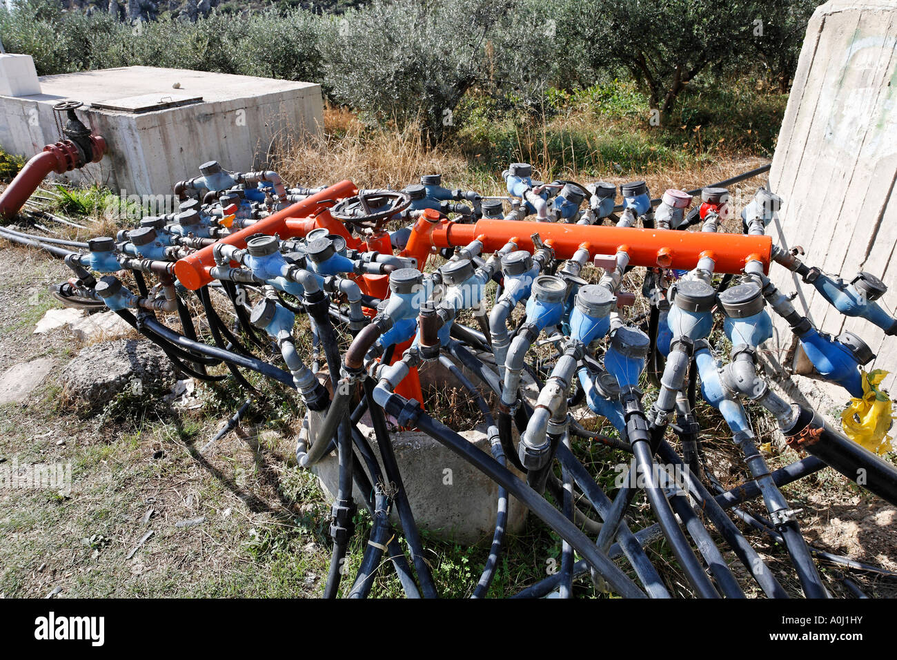 Water meters and pipes for irrigation, Crete, Greece Stock Photo Alamy