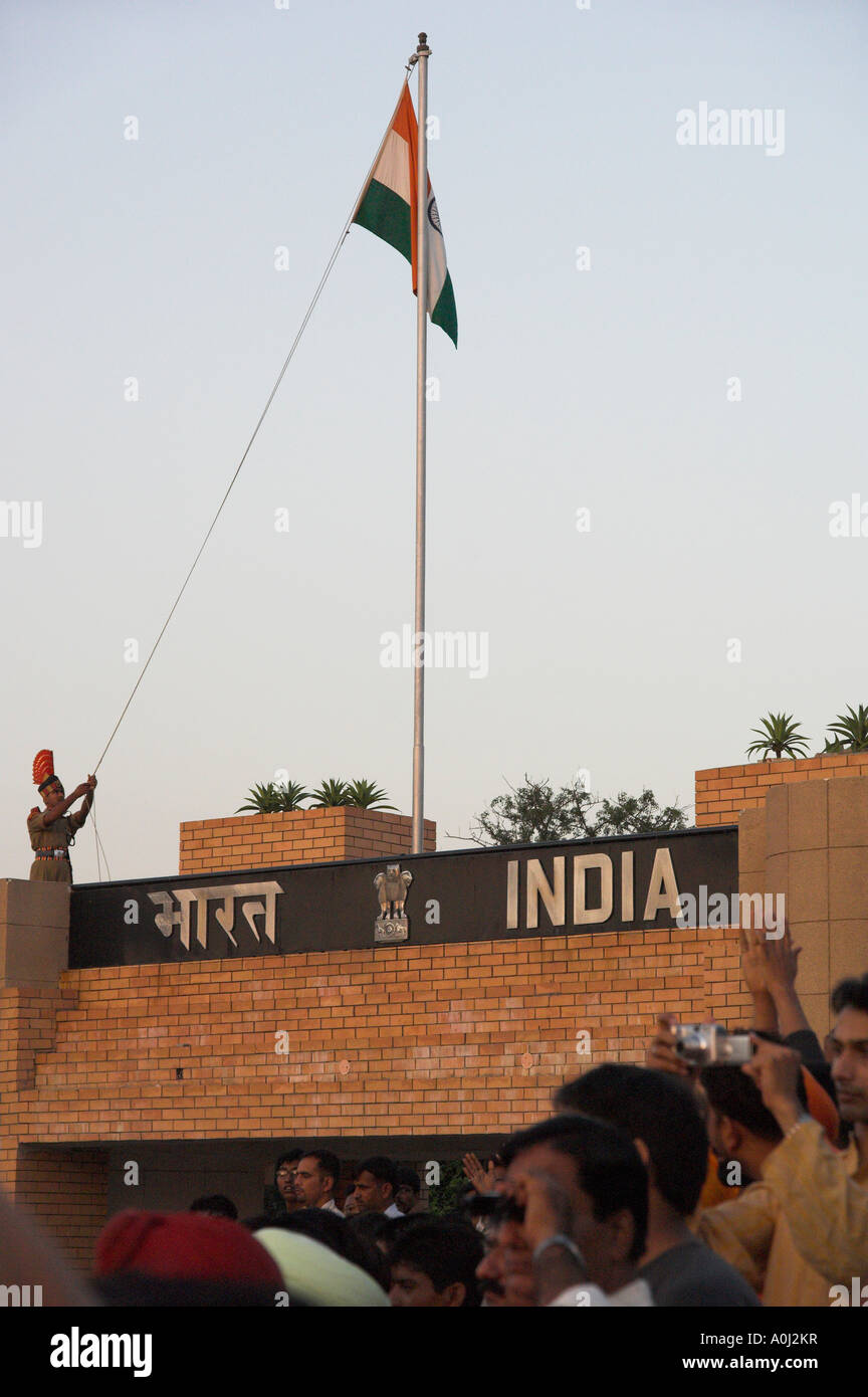 India Wagha Pakistan border crossing ceremony of the closing of the gates rising of the indian flag Stock Photo