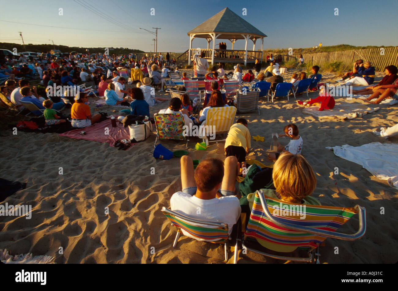 Massachusetts,New England,Cape Cod,Orleans Nauset beach,sand,surf,free summer concert series,entertainment,performance,show,activity,family families p Stock Photo