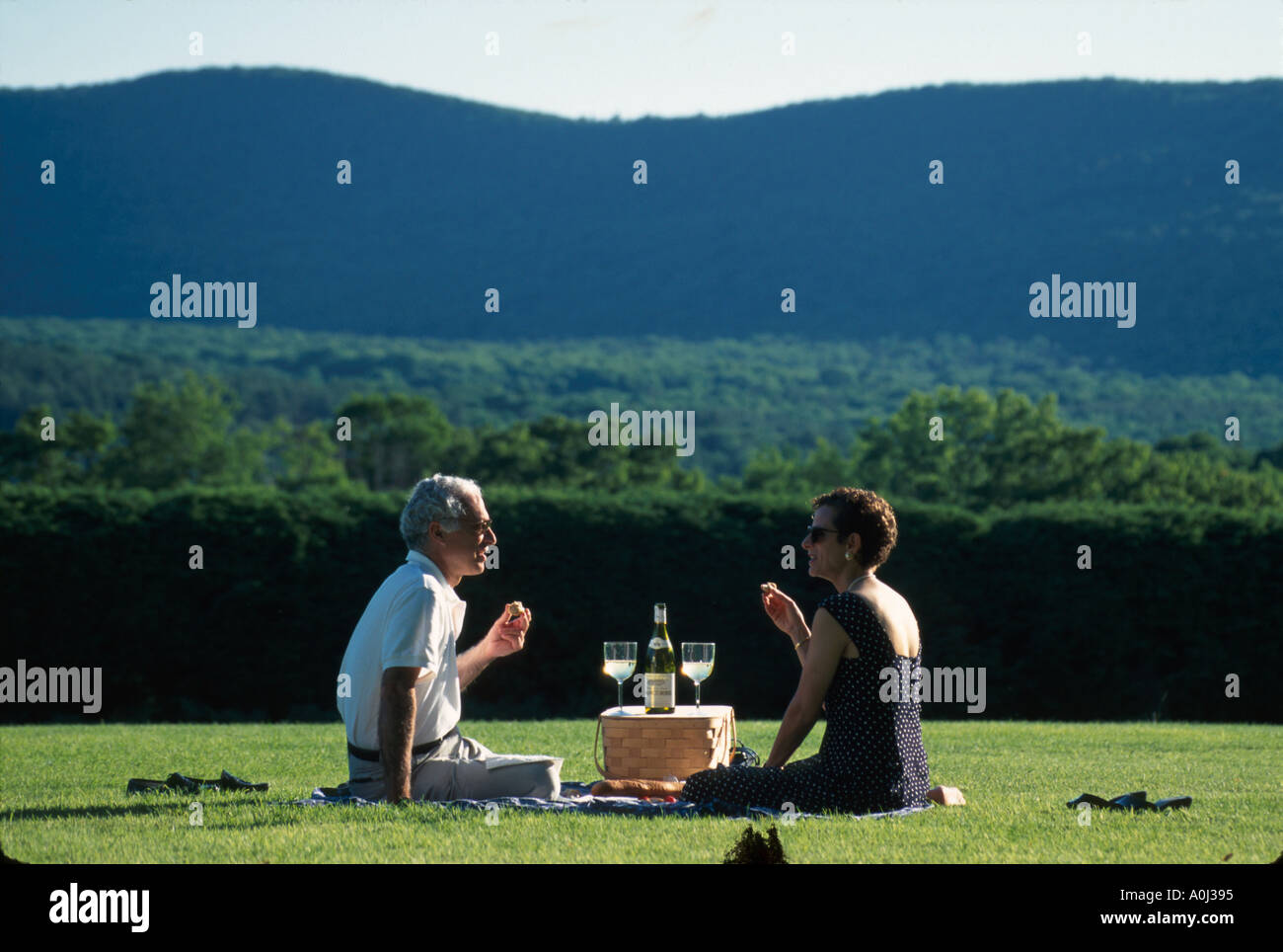 Massachusetts,New England,The Berkshires Tanglewood couple,adult adults man men male,woman women female lady,picnic on lawn before evening concert,liv Stock Photo