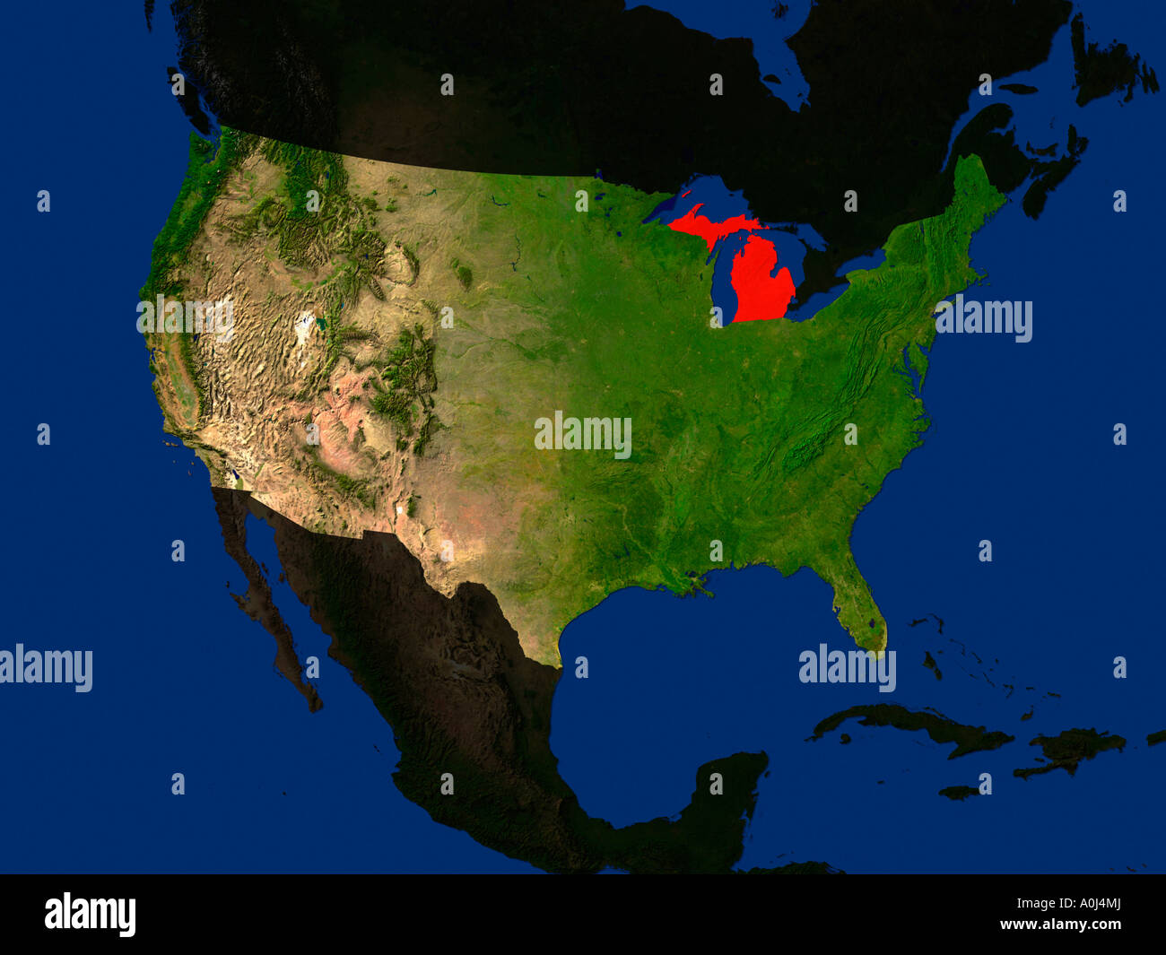 Highlighted Satellite Image Of Michigan United States Of America Stock ...