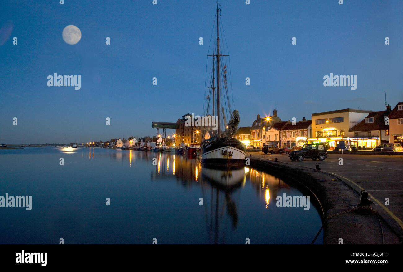 Moonrise Wells-next-the-Sea a port on the North Norfolk coast of England December Stock Photo