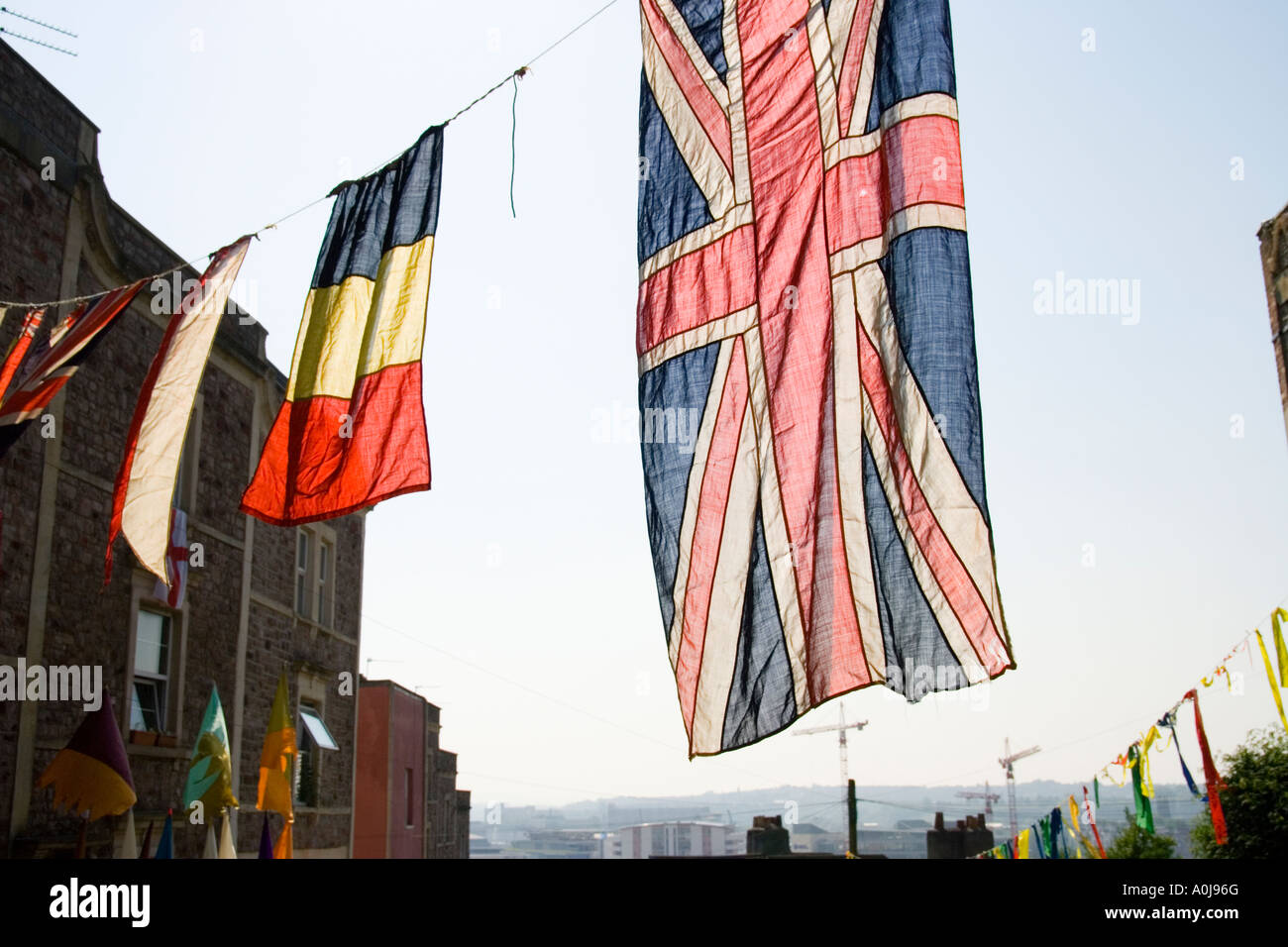 Flags and bunting in street Bristol Stock Photo Alamy