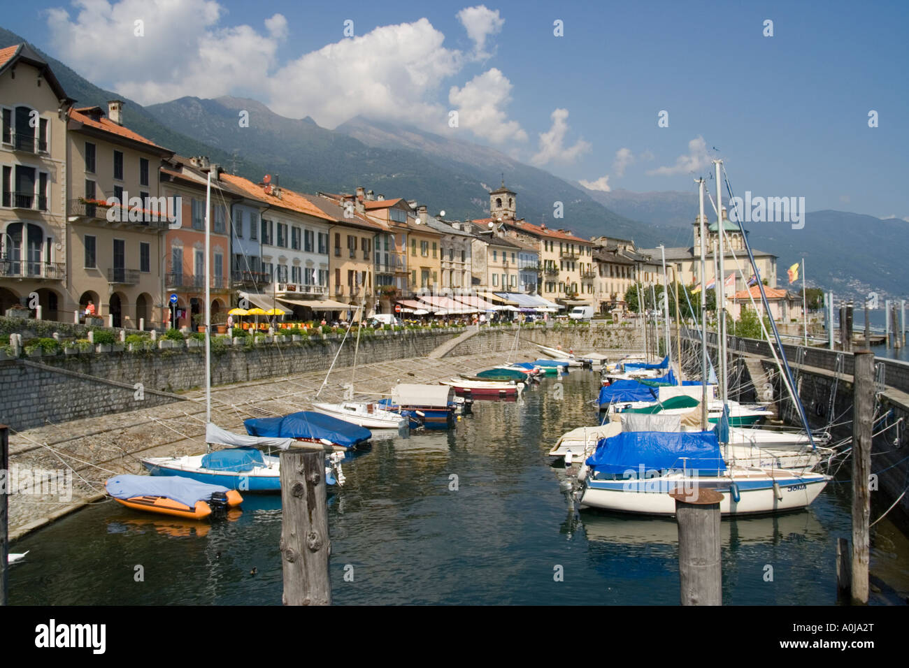 Cannobio Lake Maggiore Piedmont Piemonte Italy Lakeside town with boats and smart shops and cafes Stock Photo