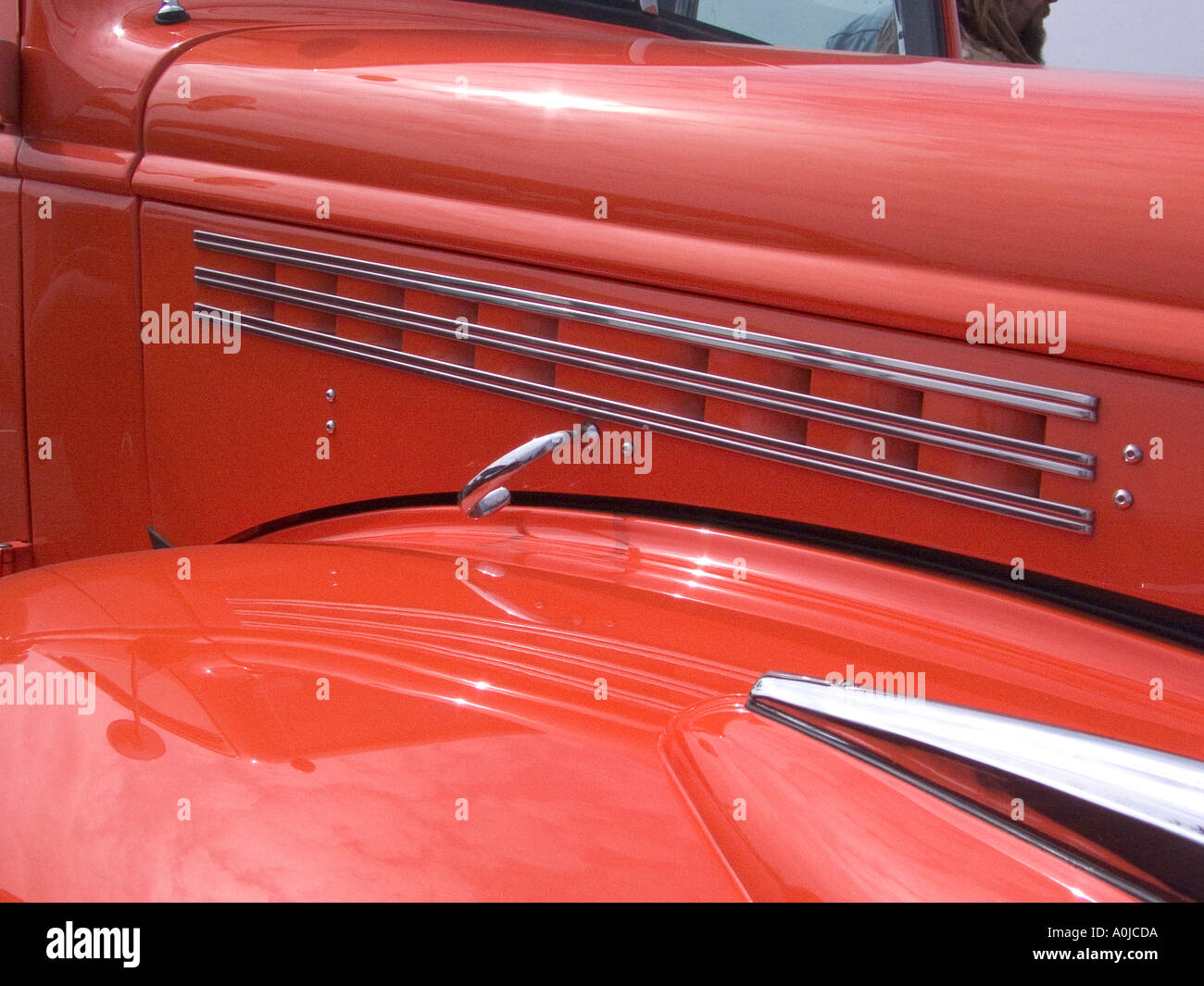 Detail of Red 1940s Chevrolet pickup Classic American Car show Stock Photo